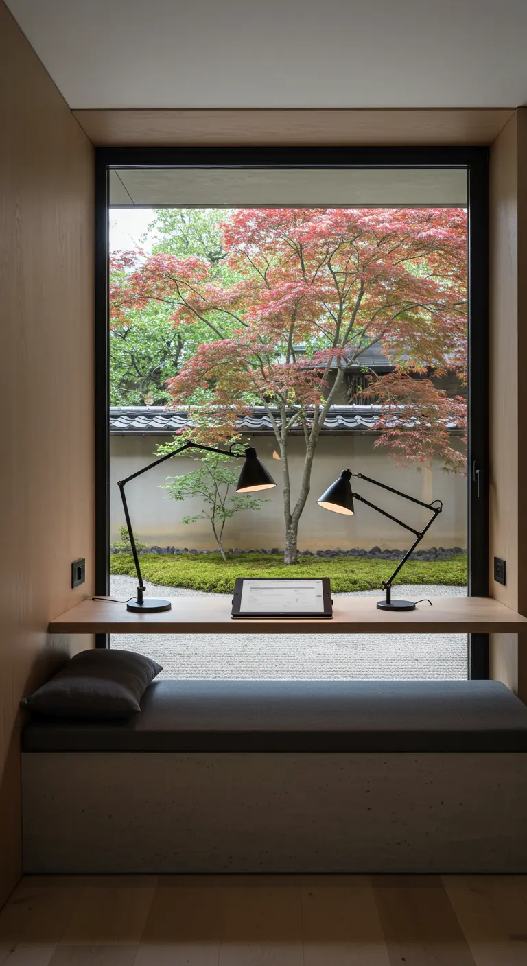 Rincón de trabajo minimalista con vistas a un jardín zen japonés con un arce rojo.