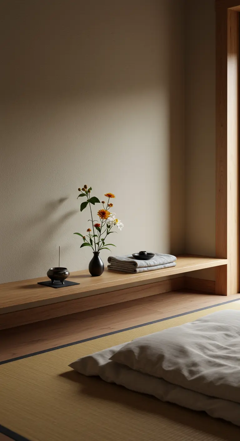 Estantería flotante de madera muy baja en un dormitorio de estilo japonés con tatami.