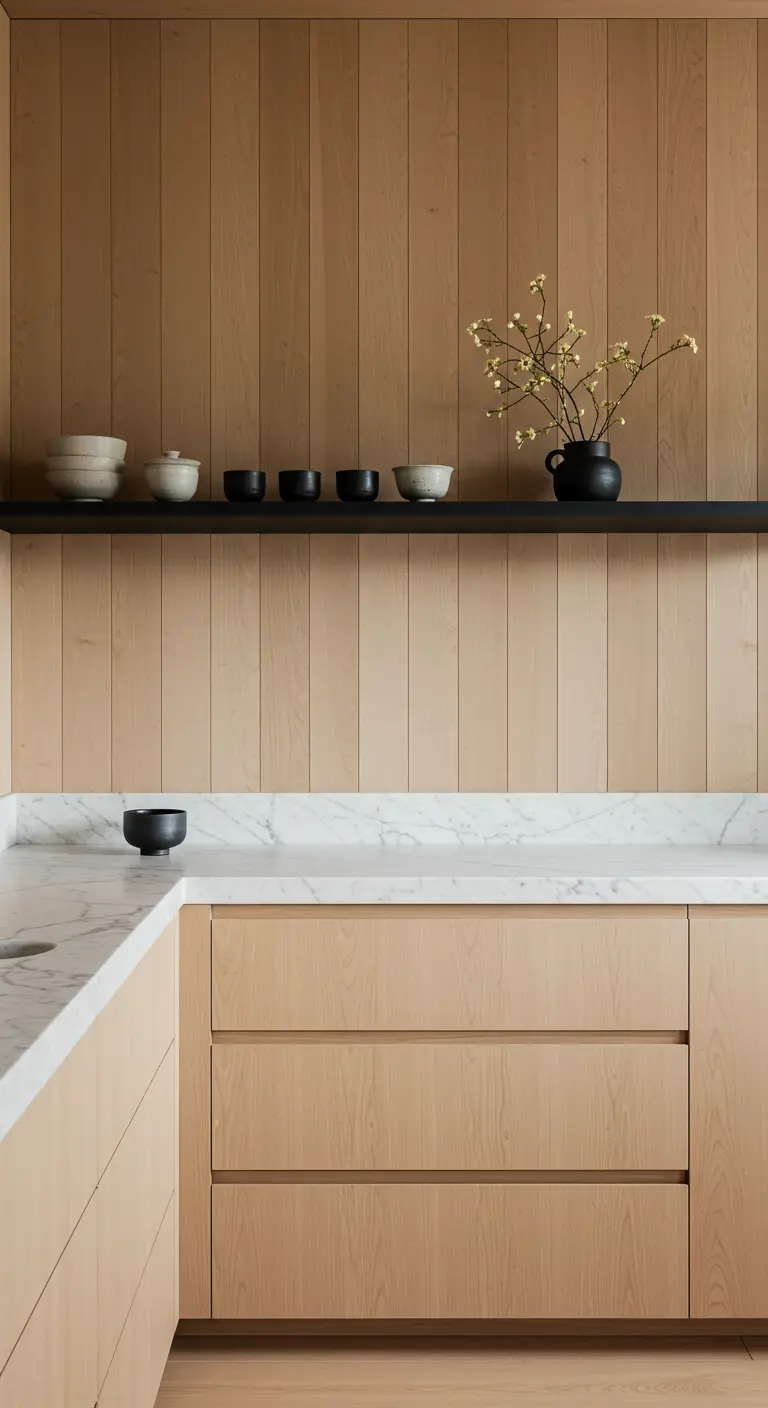 Cocina minimalista con pared de madera, encimera de mármol y una sola estantería negra.