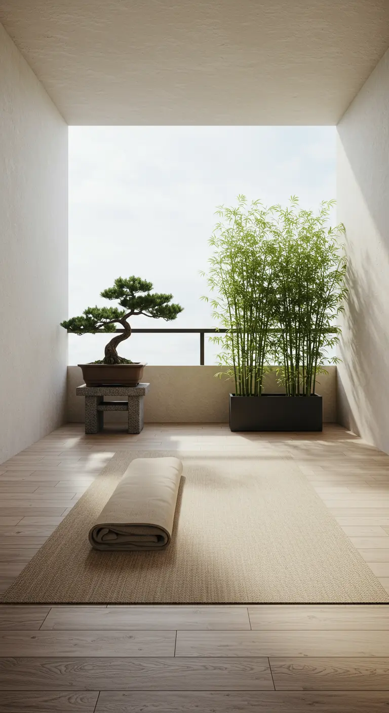 Balcón minimalista zen con un bonsái, bambú y una esterilla de yoga.
