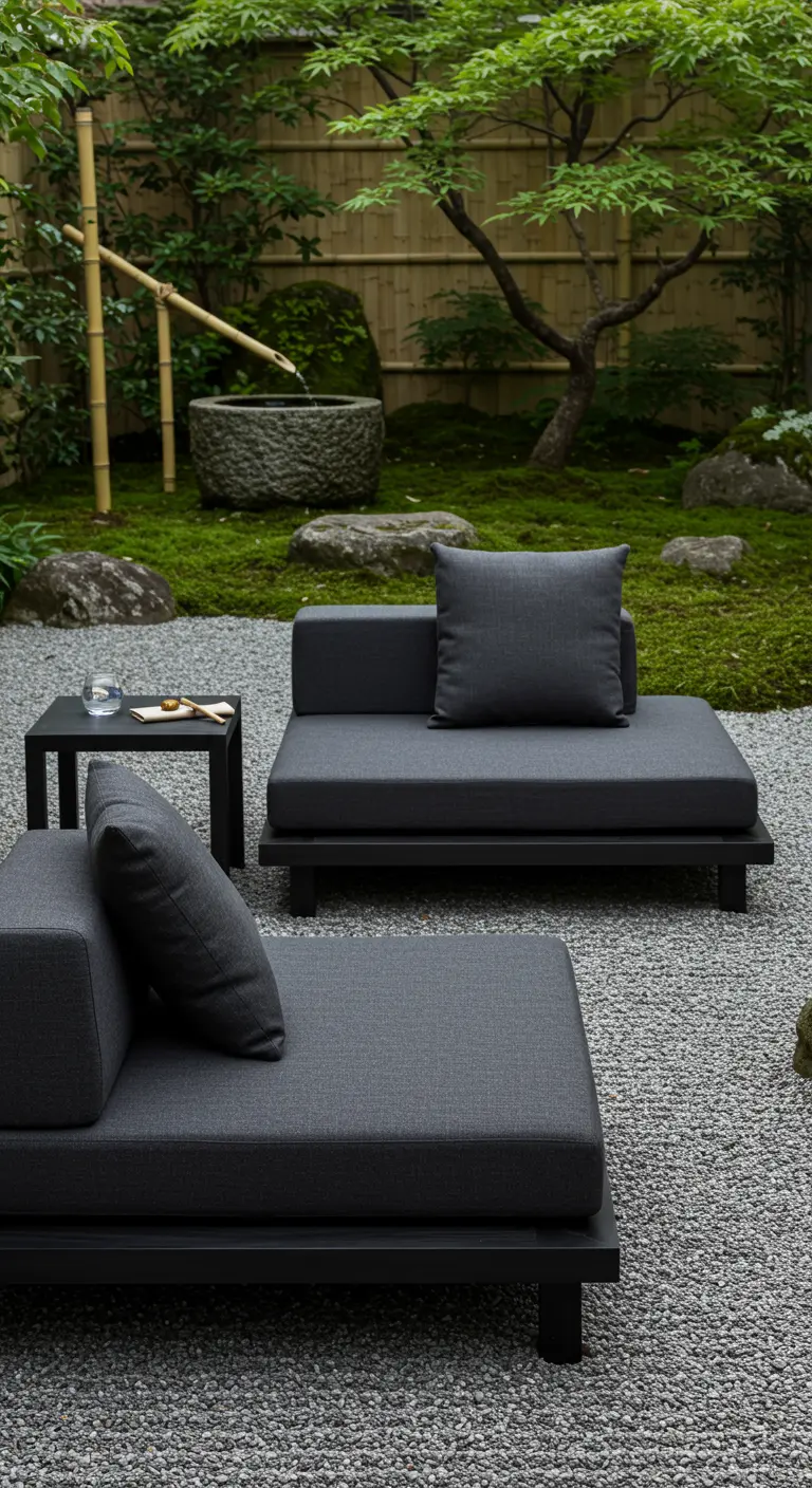 Dos sofás modulares de color gris oscuro y perfil bajo en un jardín japonés con grava y musgo.
