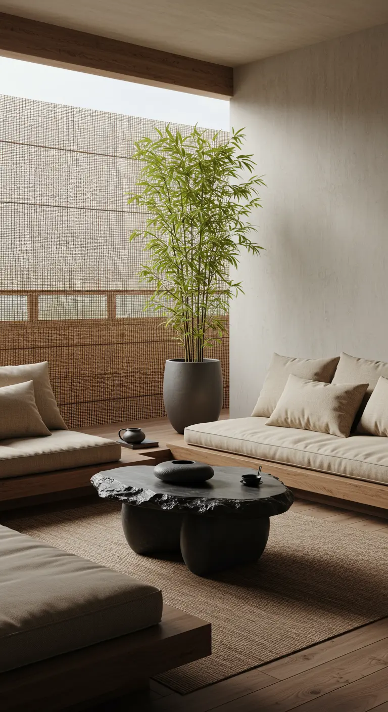 Balcón de estilo japonés con sofás bajos de madera, cojines neutros y mesa de piedra.