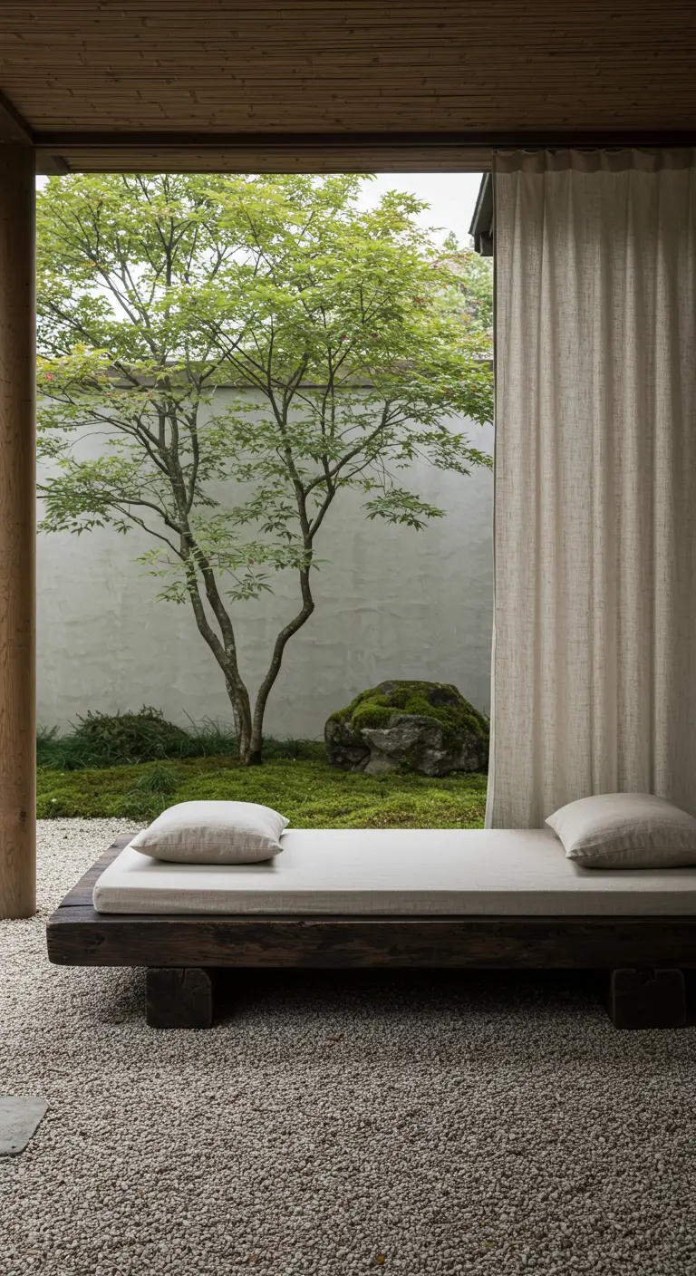 Cama baja de madera de estilo japonés en un patio de grava con un arce y una cortina de lino.