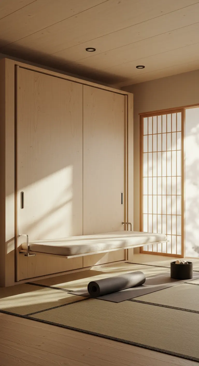 Cama abatible de madera clara en una habitación de estilo japonés con tatami.