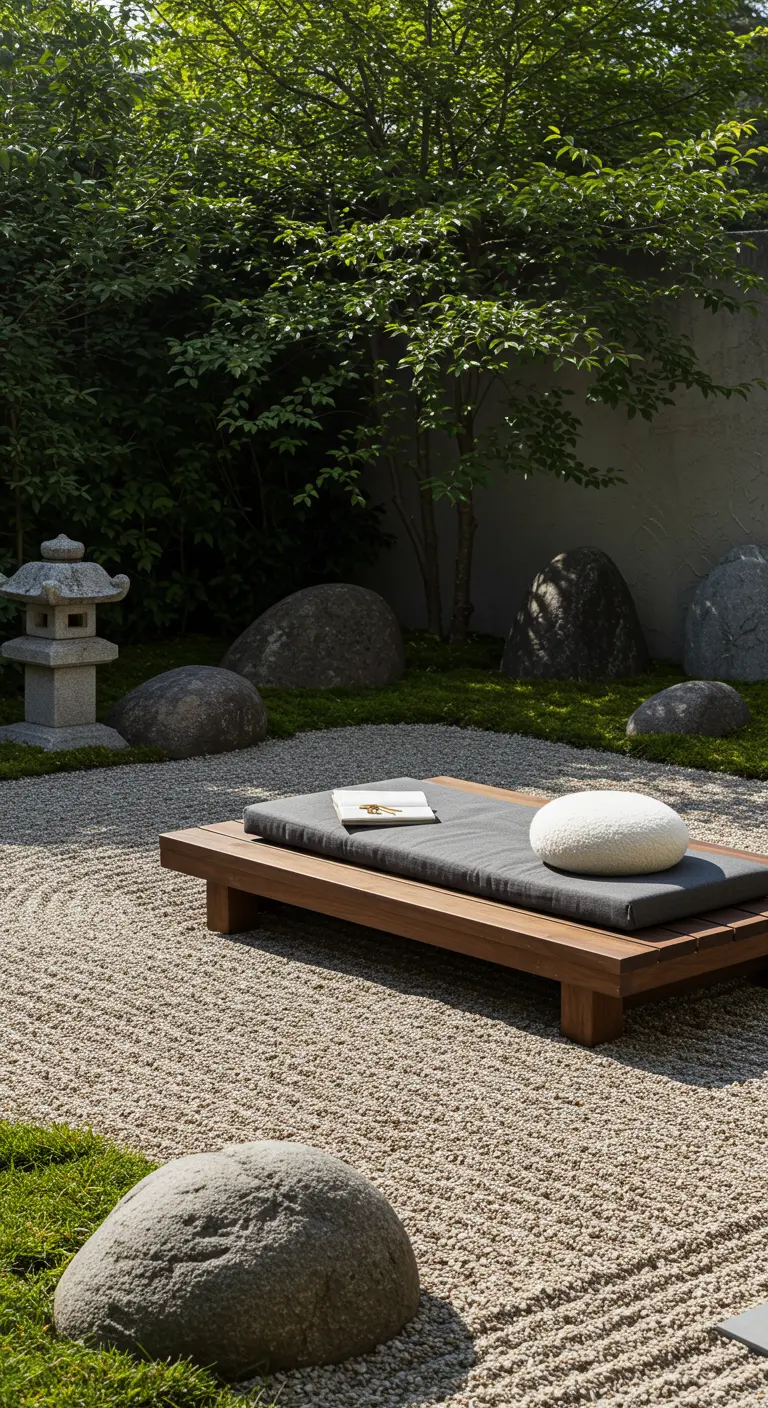 Jardín zen con arena rastrillada, rocas y una plataforma de madera baja con una colchoneta gris.
