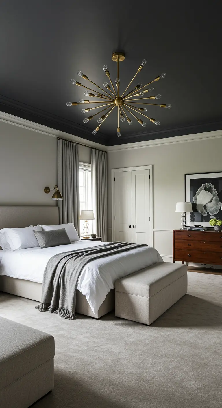 Dormitorio moderno con techo oscuro y una gran lámpara de araña dorada tipo Sputnik