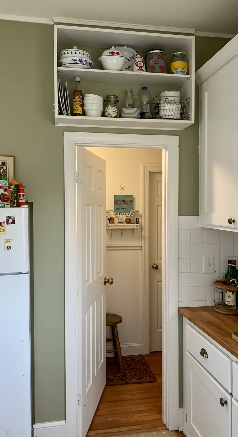 Estantería blanca instalada en lo alto de la pared, justo encima del marco de una puerta.