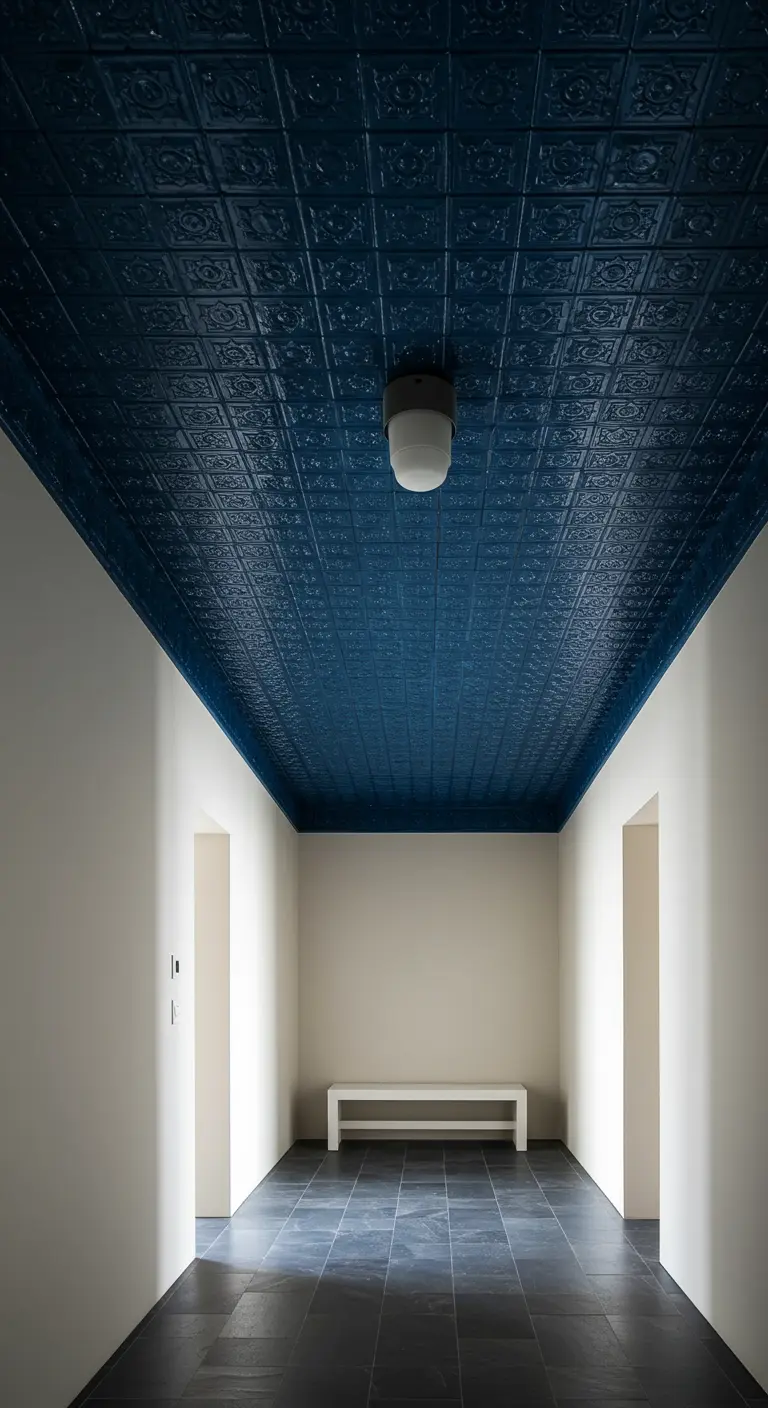 Pasillo con un techo de estaño prensado pintado de un intenso color azul oscuro.