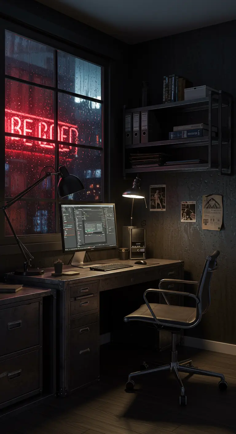 Oficina oscura con estilo ciberpunk, una ventana con efecto de lluvia y un letrero de neón rojo.