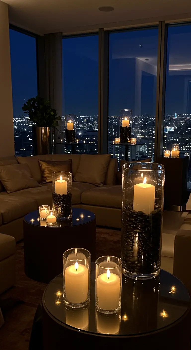 Salón moderno con vistas a la ciudad de noche, decorado con grandes velas en jarrones de cristal.