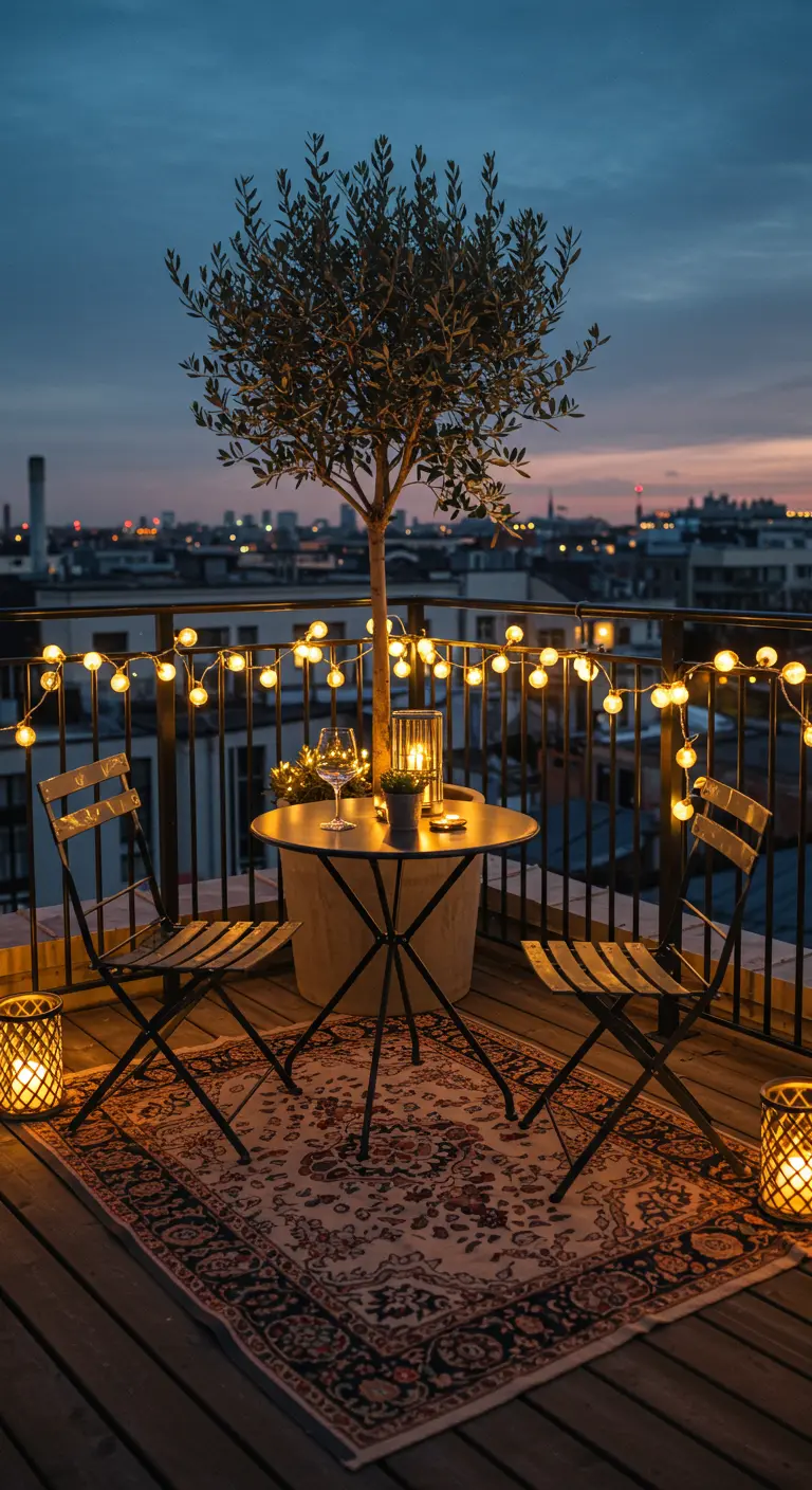 Balcón urbano con guirnalda de luces, mesa para dos y una alfombra persa al atardecer.