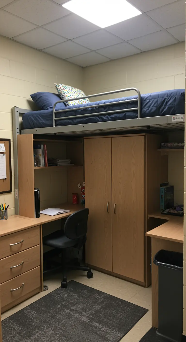 Cama alta tipo loft en una residencia de estudiantes, con un armario y escritorio integrados debajo.