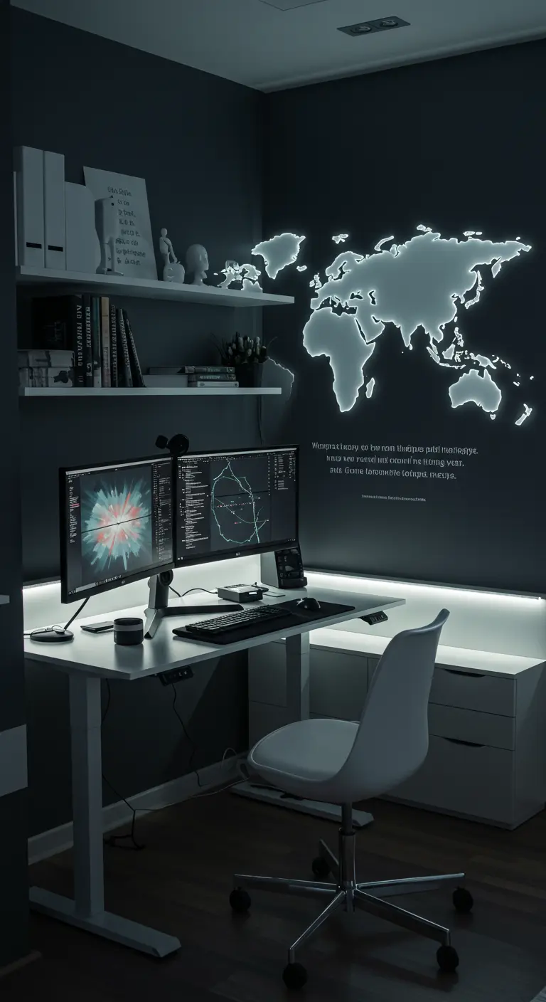 Setup de oficina en casa futurista con mapa del mundo con luces LED en pared oscura.