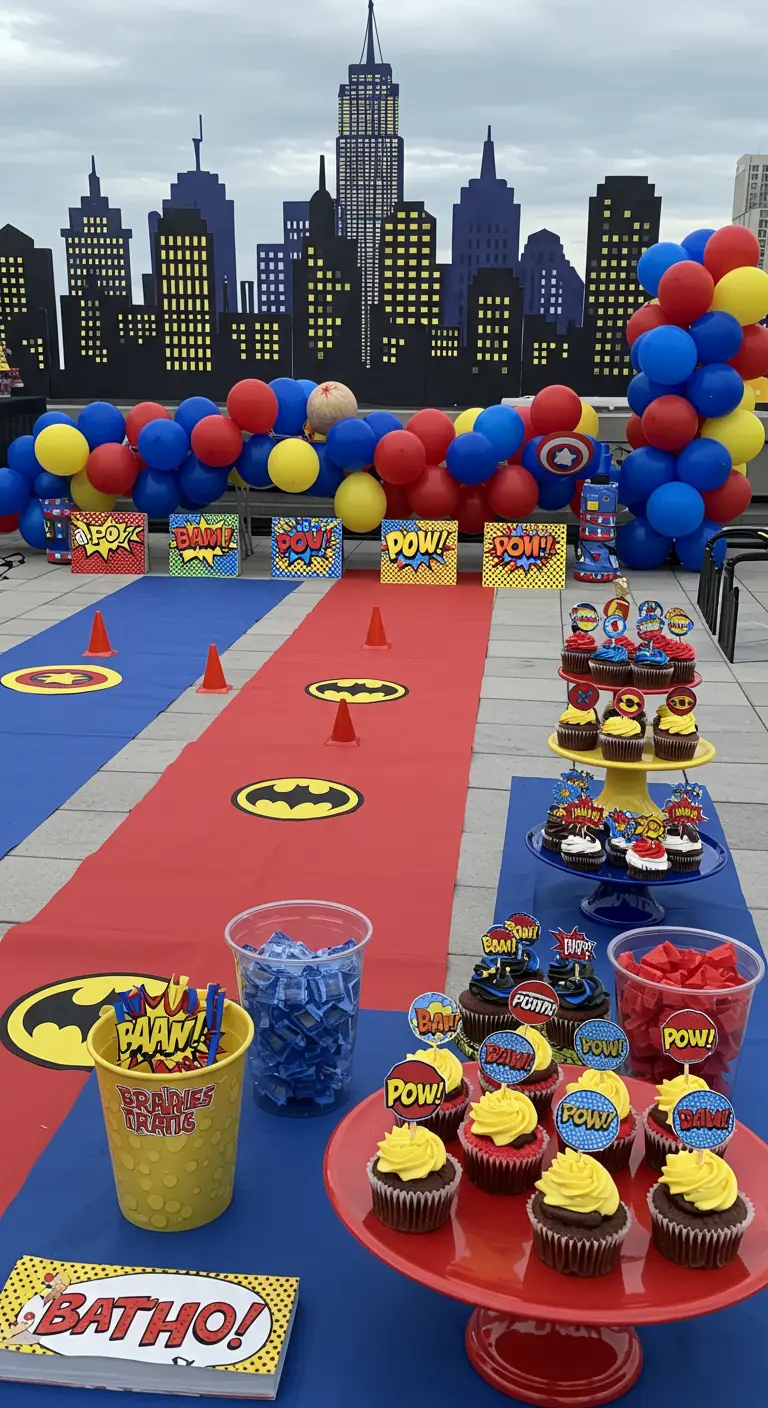 Fiesta de superhéroes en una azotea con cupcakes y decoración de cómic.