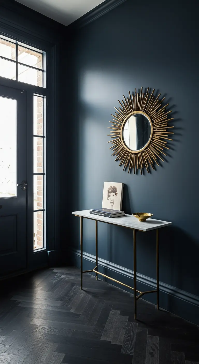 Entrada íntima con paredes azul oscuro y un espejo de sol dorado sobre una consola fina.