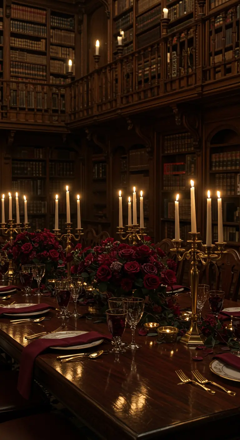 Mesa de banquete en una biblioteca con paredes de madera, iluminada por candelabros dorados y rosas rojas.