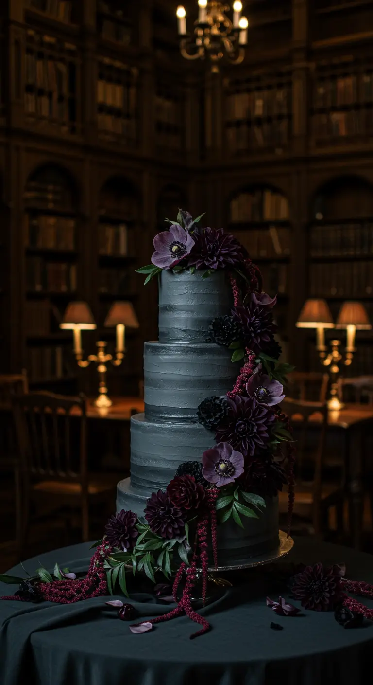 Pastel gris de varios pisos con flores moradas oscuras en una biblioteca con poca luz.