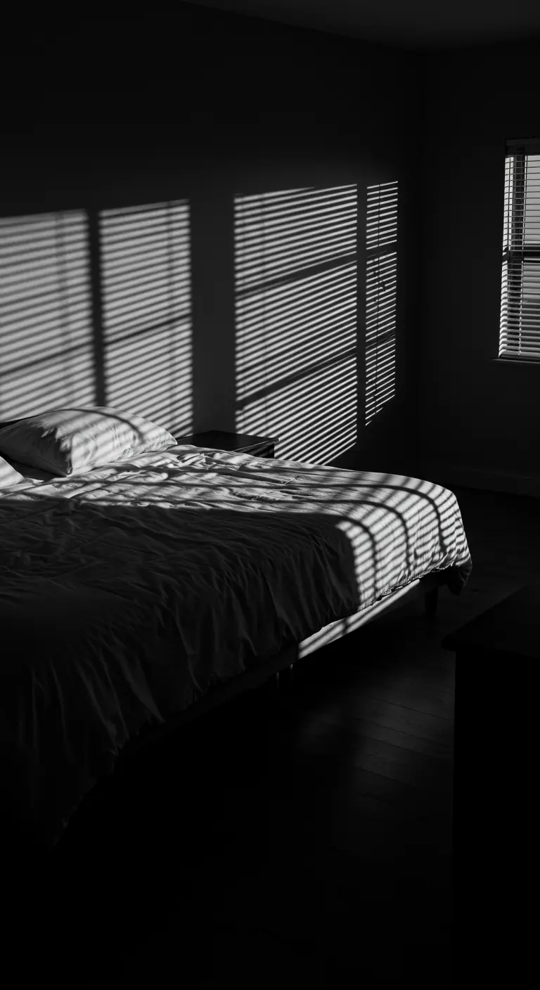 Dormitorio en blanco y negro con la luz del sol entrando a través de unas persianas.