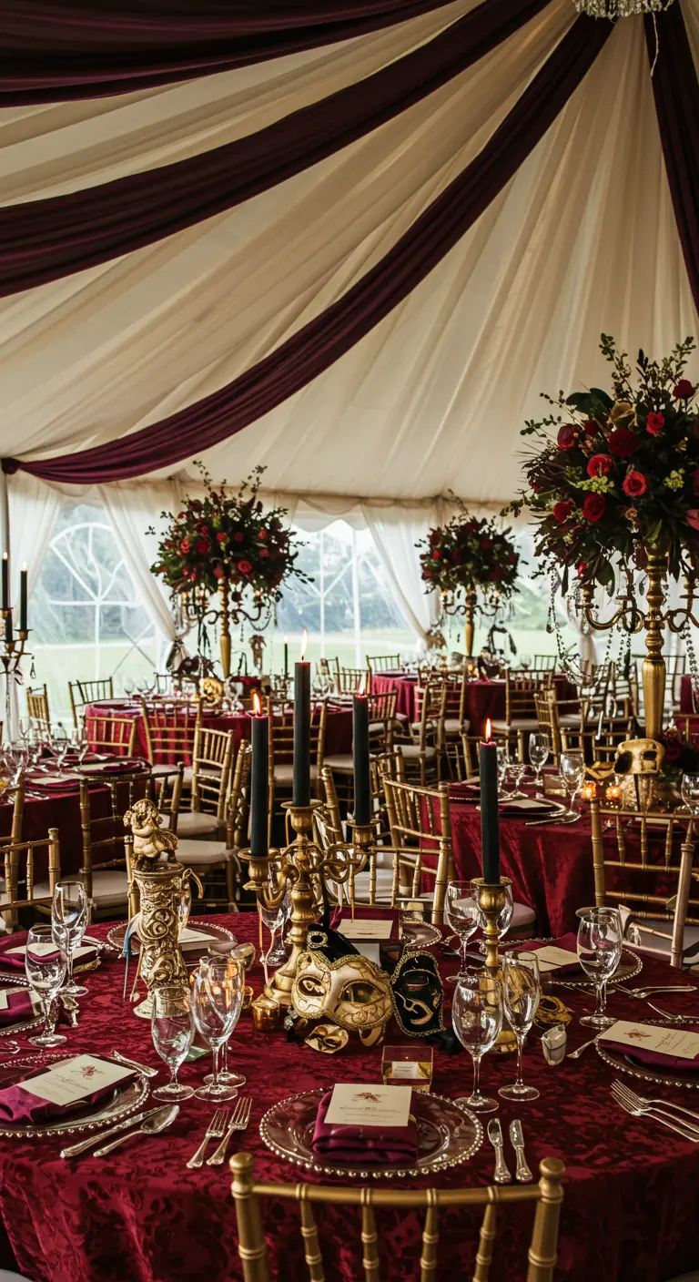 Mesa de boda con temática de máscaras, manteles rojos, candelabros dorados y velas negras.