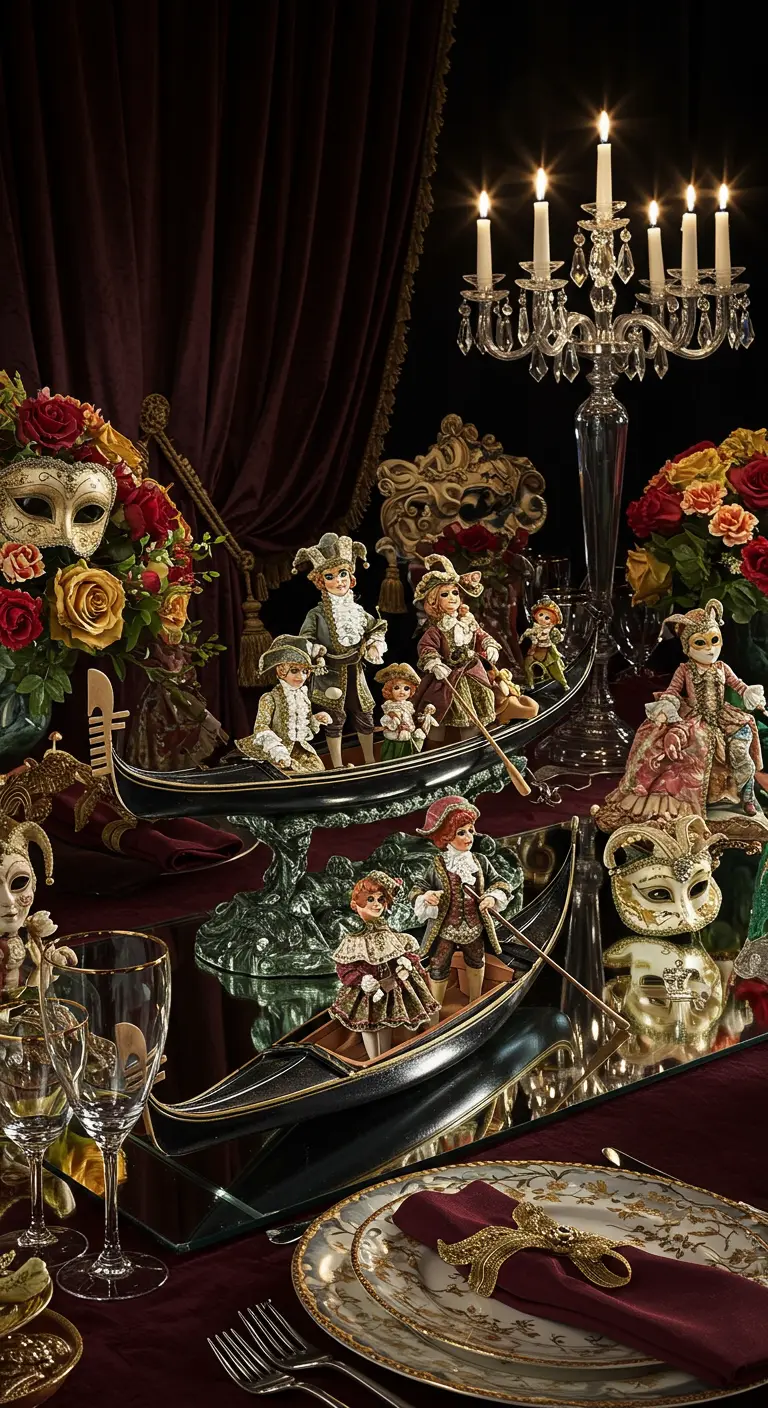 Mesa de carnaval veneciano con góndolas, máscaras y candelabros de cristal.