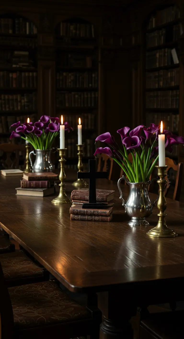 Centro de mesa oscuro con una cruz negra sobre libros, lirios de cala morados y candelabros.