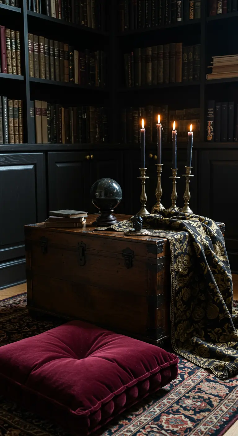 Rincón de meditación gótico con un baúl antiguo, candelabros y cojín de terciopelo.