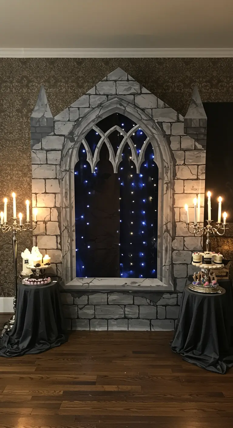 Photocall con forma de ventana gótica de castillo, con candelabros y luces azules.