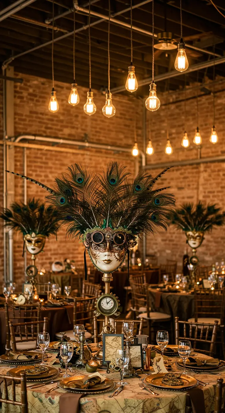 Centro de mesa de estilo steampunk con una máscara decorada, plumas de pavo real y un reloj.
