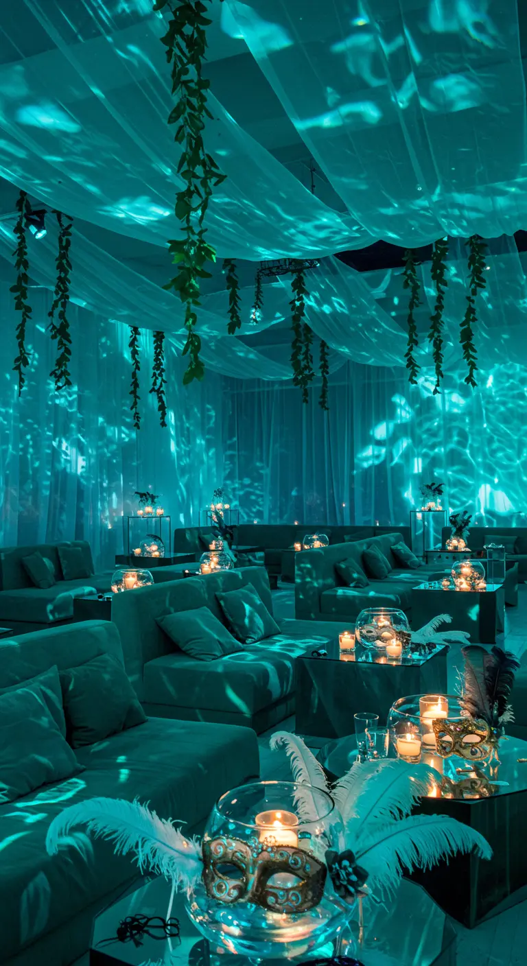 Salón con sofás y mesas bajas, iluminado con una luz turquesa que simula estar bajo el agua.