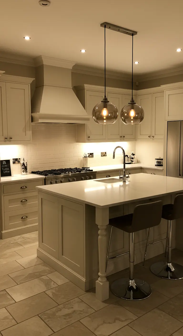 Cocina beige con lámparas colgantes de cristal ahumado sobre la isla.