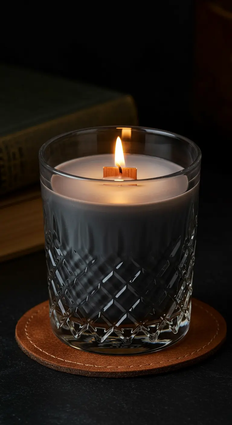 Vela de cera gris oscuro con mecha de madera en un vaso de cristal tallado
