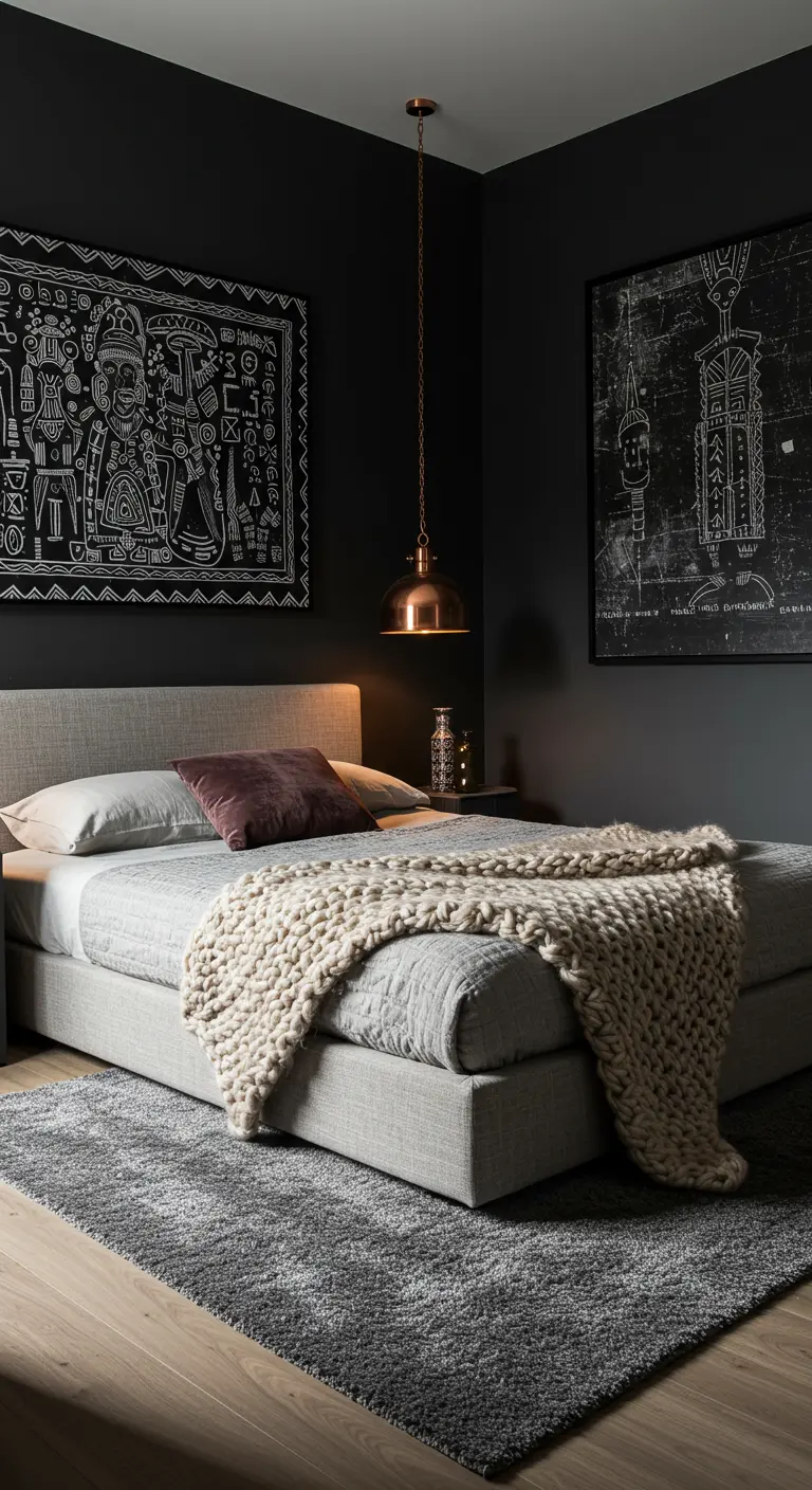 Dormitorio elegante con paredes negras, arte tribal en blanco y negro, y lámpara de cobre.