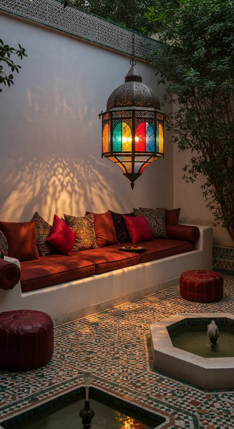 Patio interior de estilo marroquí con azulejos, cojines de colores y una gran lámpara de metal y cristal