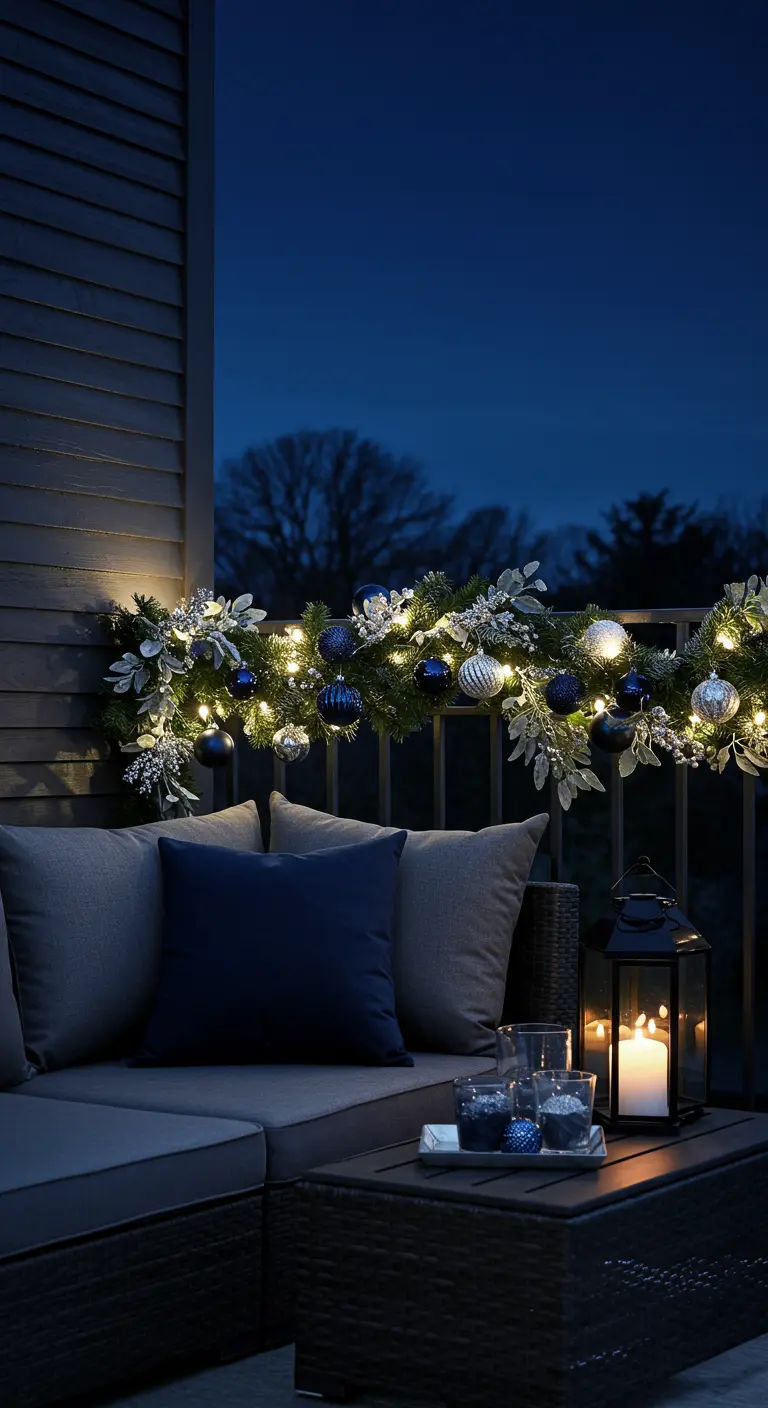 Balcón con sofás oscuros y una guirnalda decorada con bolas plateadas y azules.