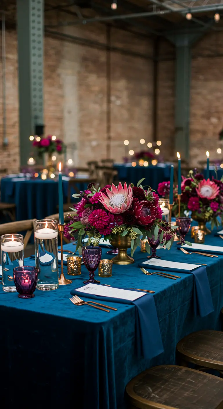 Mesa de boda con mantel de terciopelo azul, flores en tonos magenta y velas oscuras.