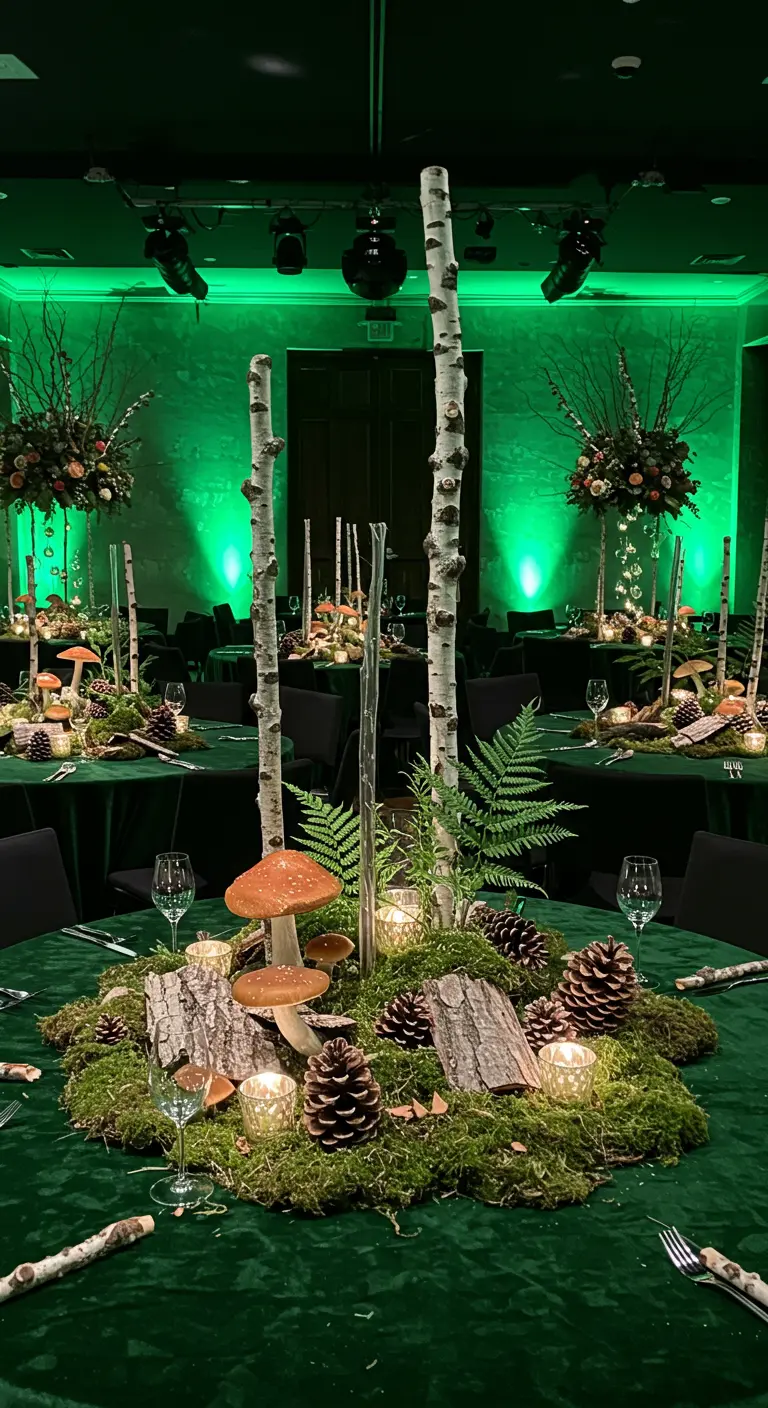 Centro de mesa con musgo, troncos de abedul, setas, piñas y velas sobre mantel verde.
