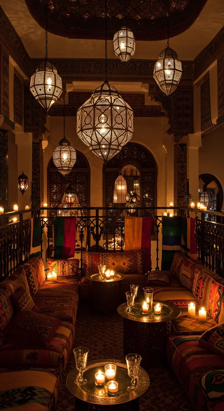 Interior de un balcón de estilo marroquí con lámparas de metal colgantes, cojines y muchas velas.