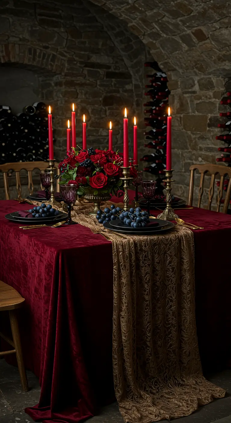 Mesa dramática en una bodega con mantel de terciopelo rojo, velas rojas altas y uvas oscuras.