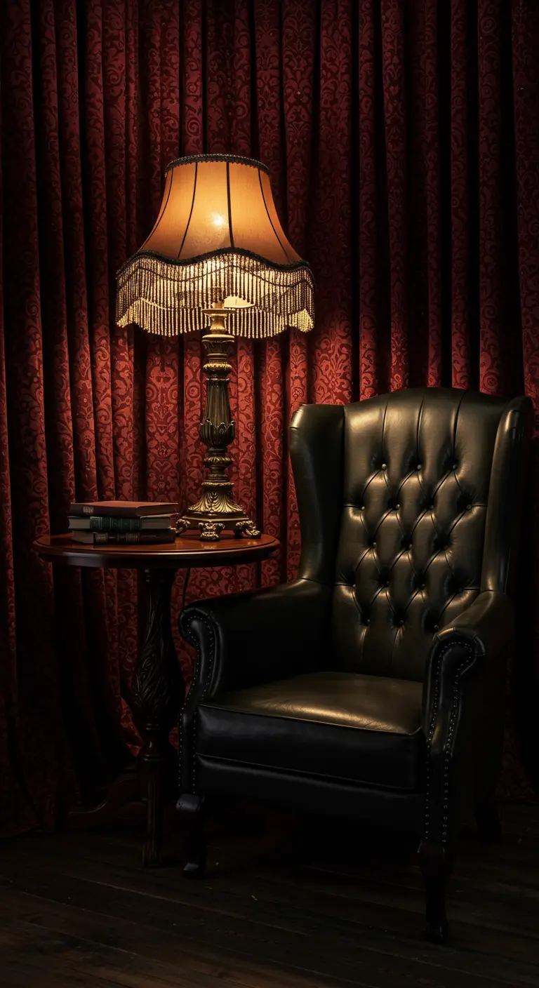 Rincón de lectura vintage con un sillón de cuero negro y una lámpara antigua frente a cortinas rojas