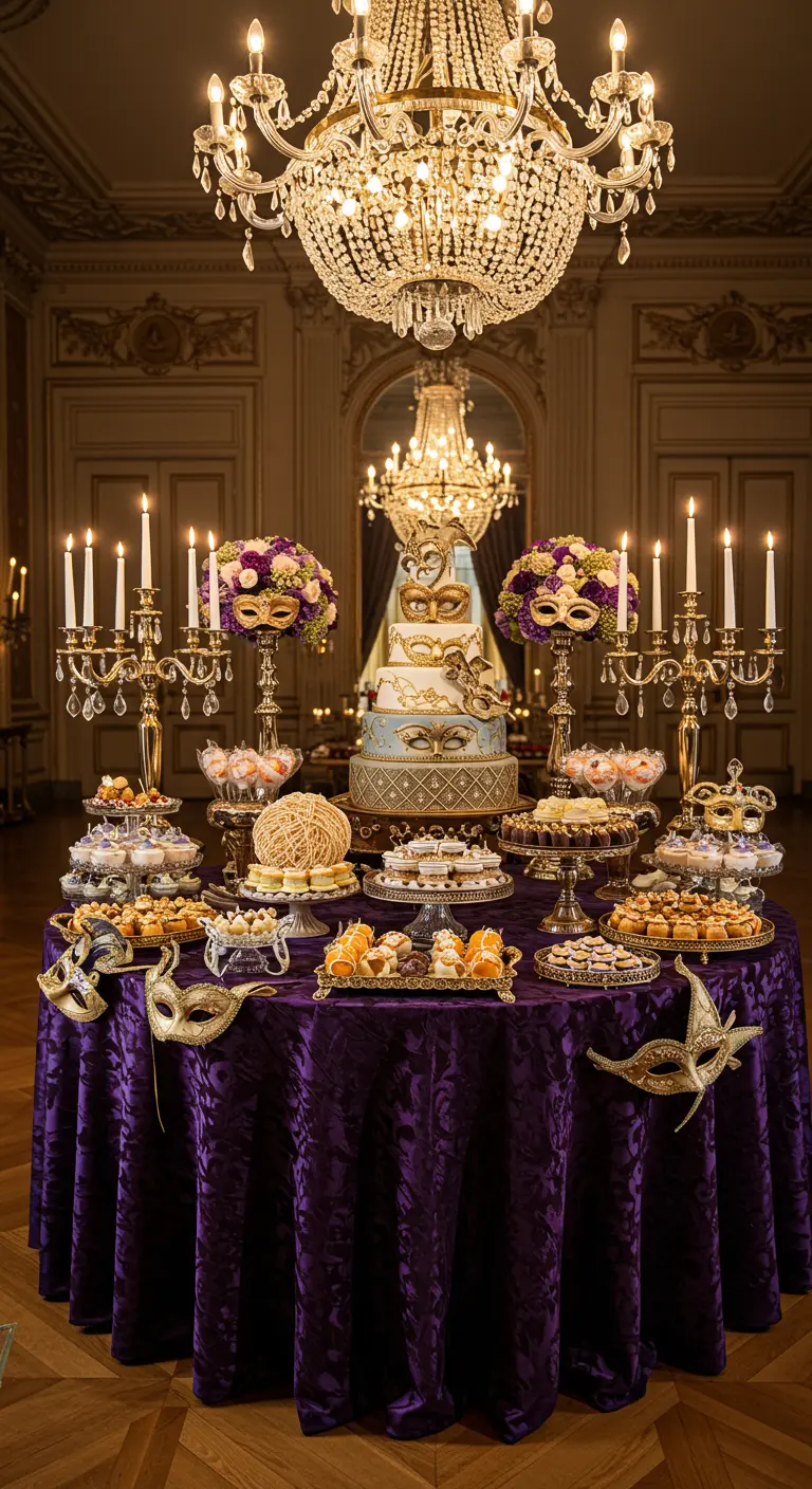 Elegante mesa de dulces de Carnaval veneciano con un pastel con máscaras y candelabros dorados.