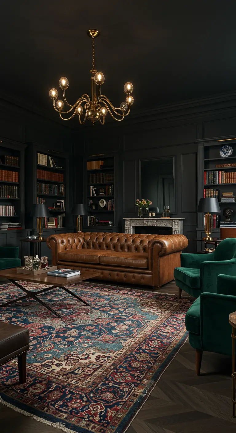 Biblioteca oscura y elegante con un sofá chester de cuero sobre una alfombra persa de colores intensos.