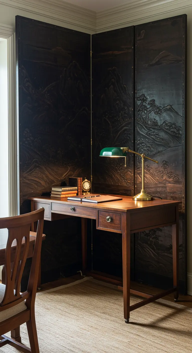 Rincón de estudio con un biombo oscuro grabado y un escritorio de madera clásico.