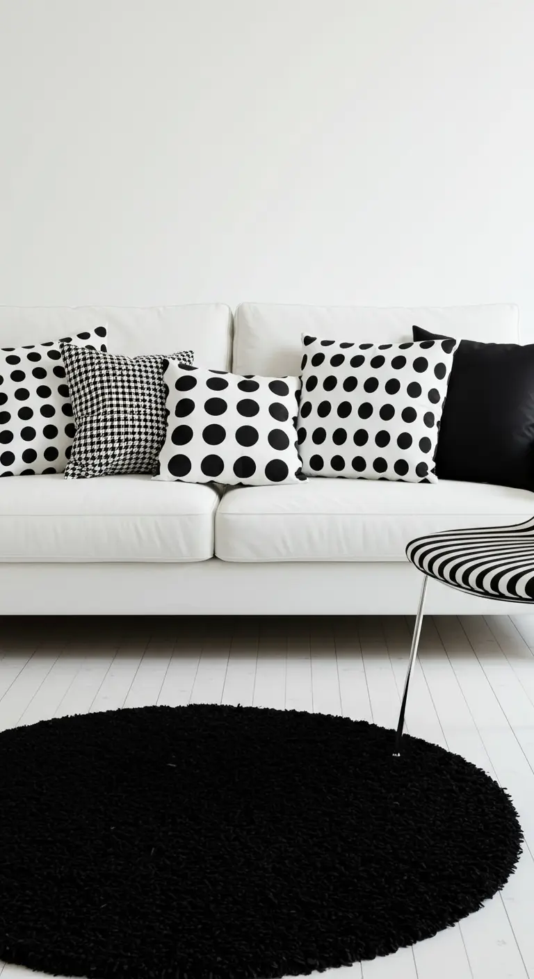 Sofá blanco con una mezcla de cojines estampados en blanco y negro: lunares y pata de gallo.