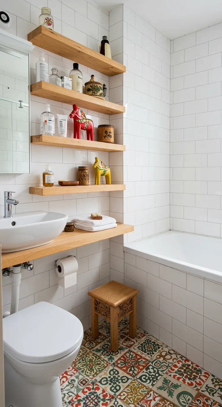 Baño con suelo de baldosas de colores y estanterías de madera sobre pared blanca.