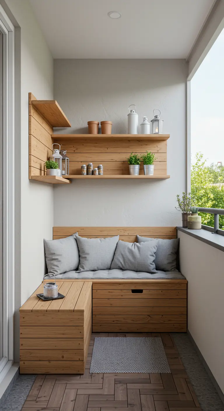 Balcón ordenado con un banco de madera en L con almacenaje y estanterías flotantes a juego.