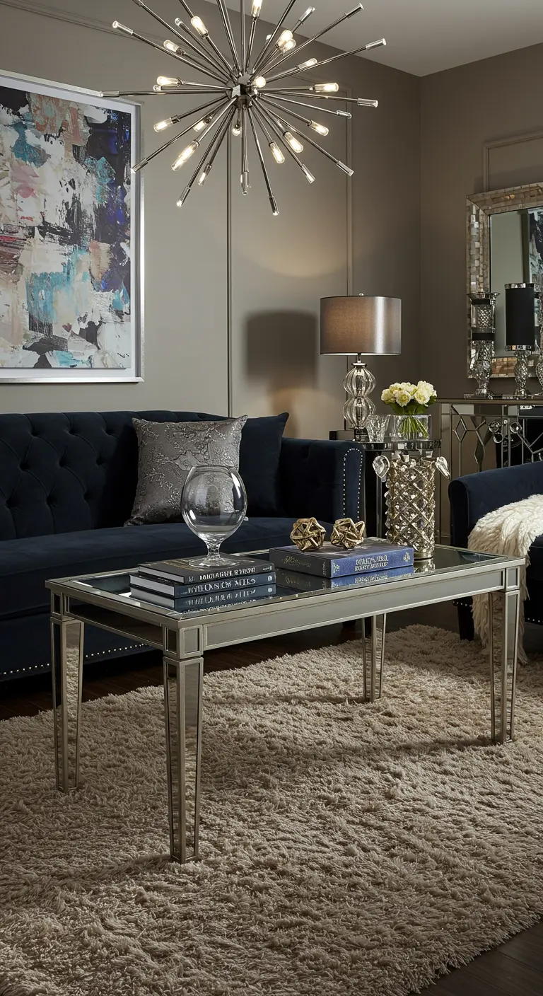 Salón sofisticado con una mesa de centro de espejo que refleja la alfombra y el sofá