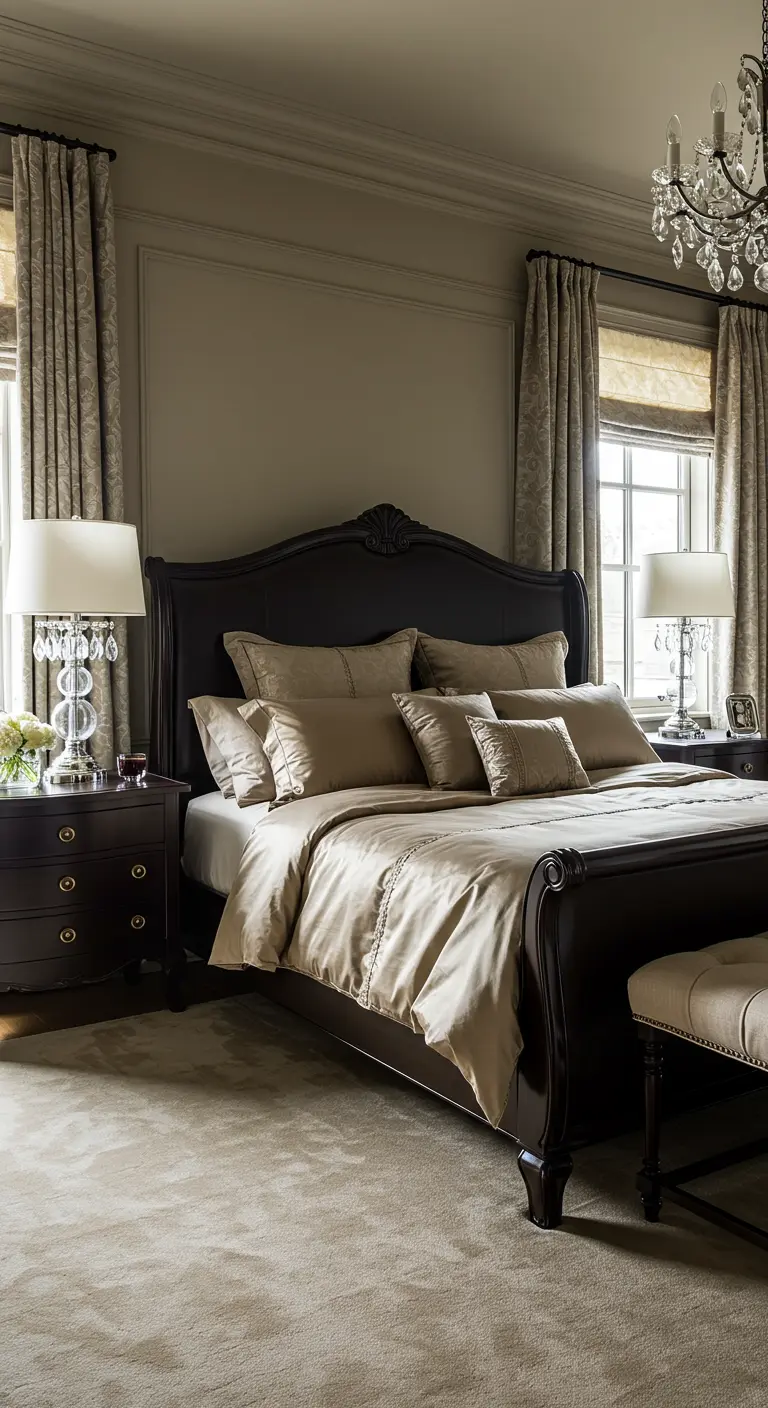Dormitorio clásico y lujoso con muebles de madera oscura y textiles en tonos moca y champán.