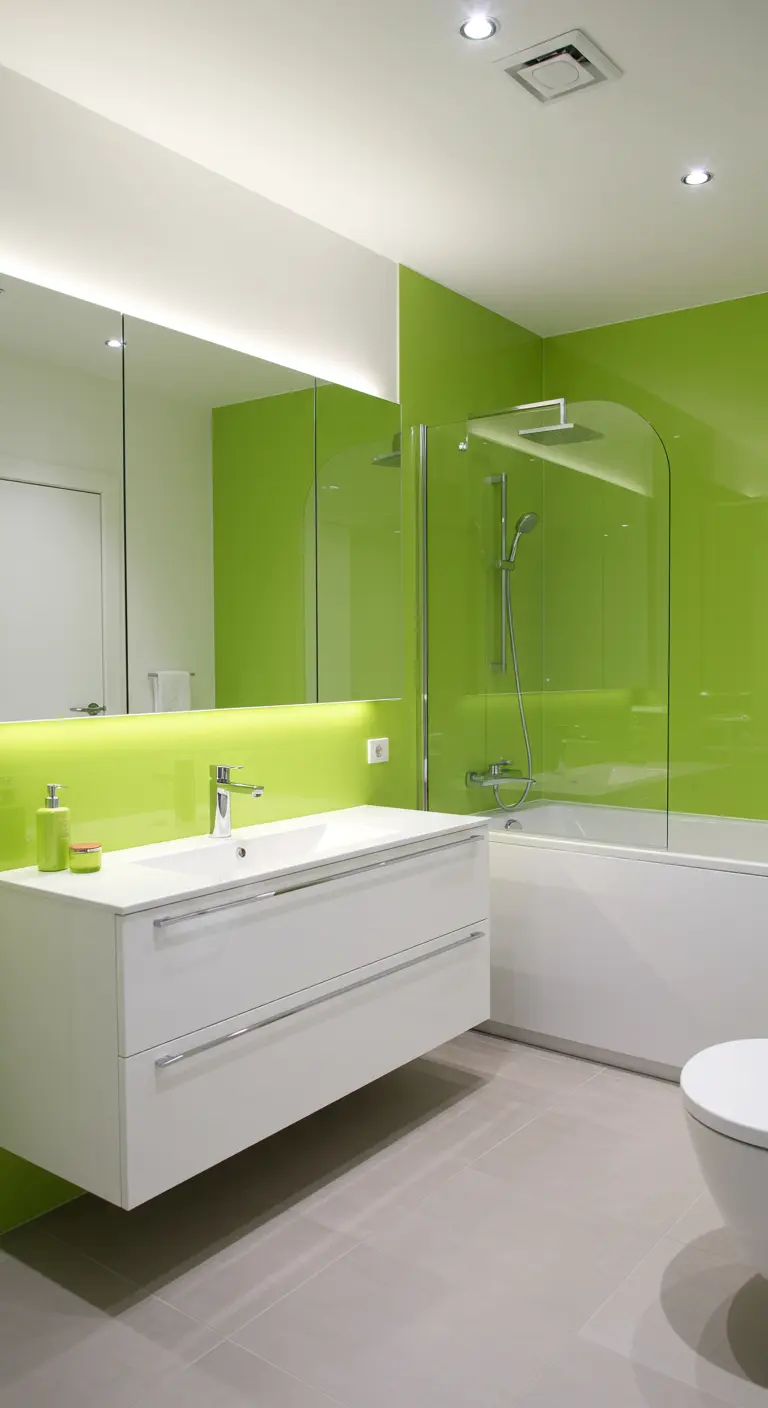 Baño moderno con paneles de vidrio en verde ácido y mobiliario blanco suspendido.