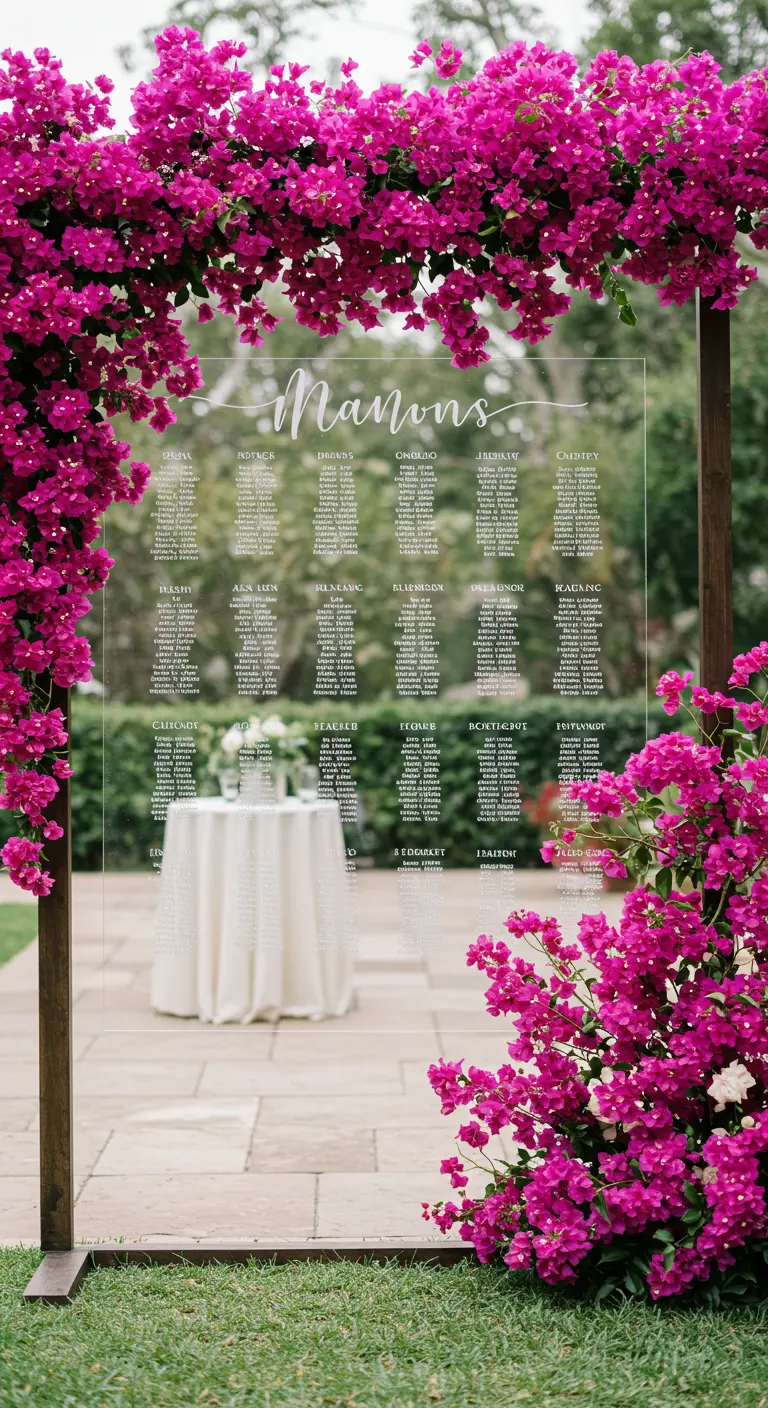 Plan de asientos de acrílico transparente enmarcado por buganvillas fucsias.