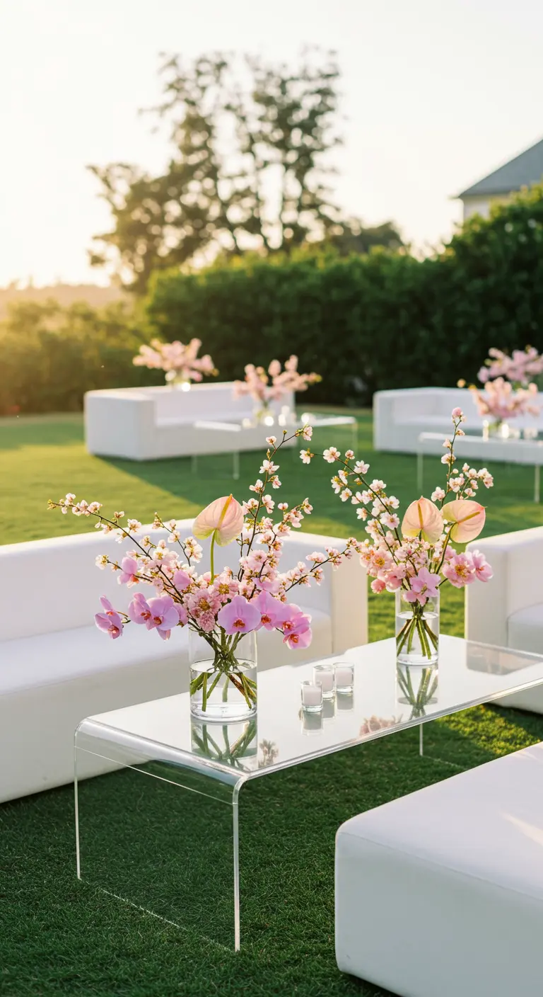Zona lounge exterior con sofás blancos y arreglos florales minimalistas en una mesa de acrílico.